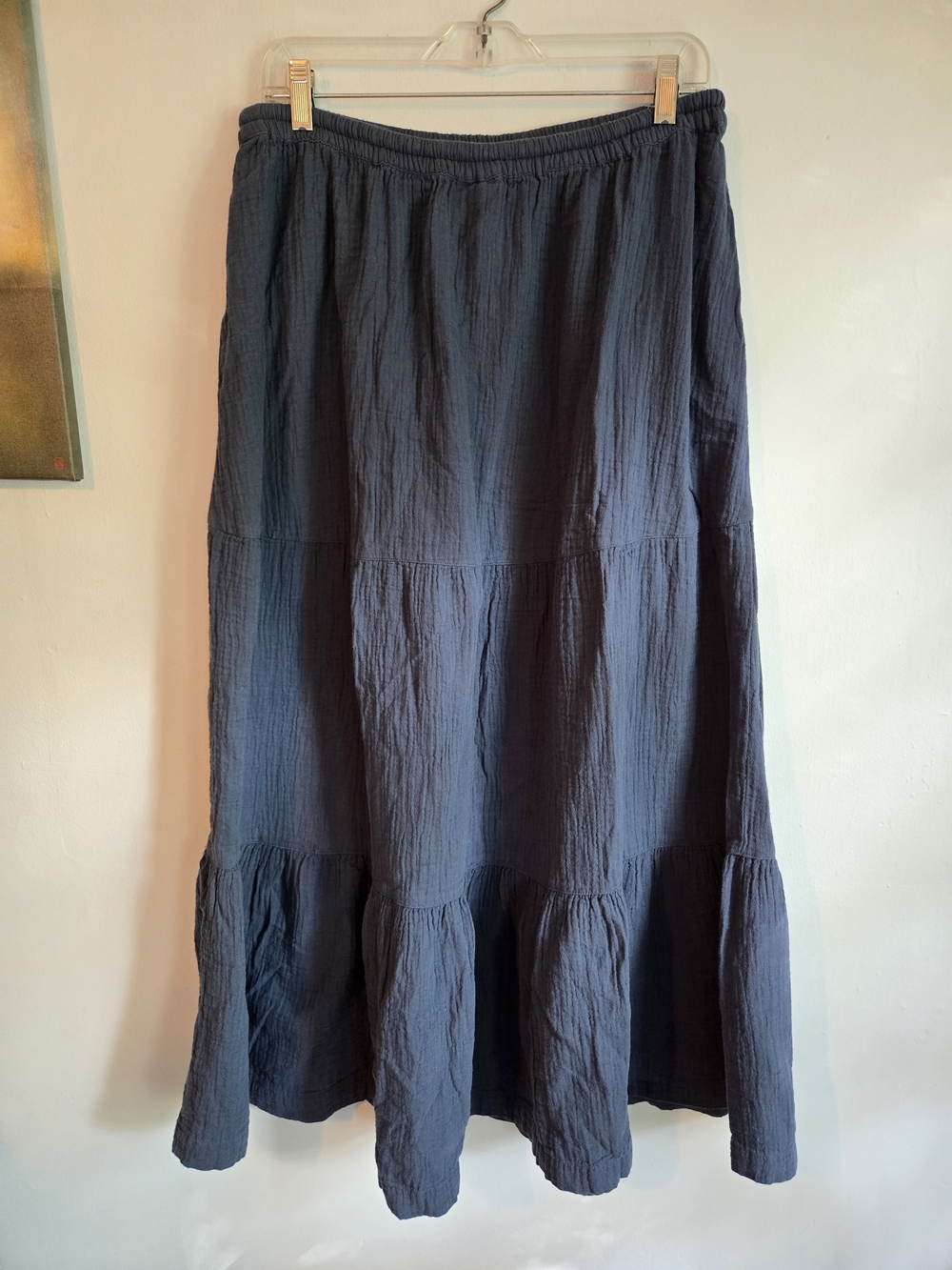 Pact French Navy Tiered Gauze Maxi Skirt Coastal Boho Prairie Organic Cotton LG - Picture 2 of 8